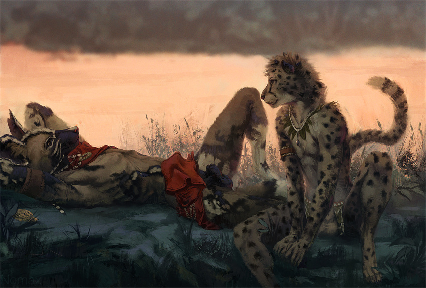 african_wild_dog animal_genitalia balls canine cheetah clothing duo feline grass jewelry loincloth lying male male_only mammal necklace nomax nomax_(character) outside sheath smile spotthecat