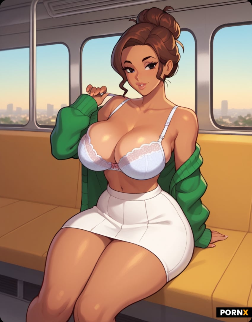 ai_generated big_ass big_breasts big_butt big_nipples big_thighs green_sweater huge_ass huge_breasts huge_butt huge_thighs miniskirt n_1611 public public_exposure public_nudity thick thick_ass thick_butt thick_hips thick_legs thick_lips thick_thighs train train_interior white_bra white_skirt