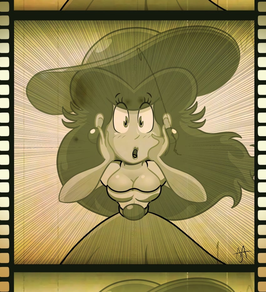 1girls ajspillz big_breasts cleavage clothed female female_focus female_only film_reel m mario_(series) mario_kart_world meme nintendo no_bra princess_peach revealing_clothes shocked shocked_expression solo solo_focus surprised