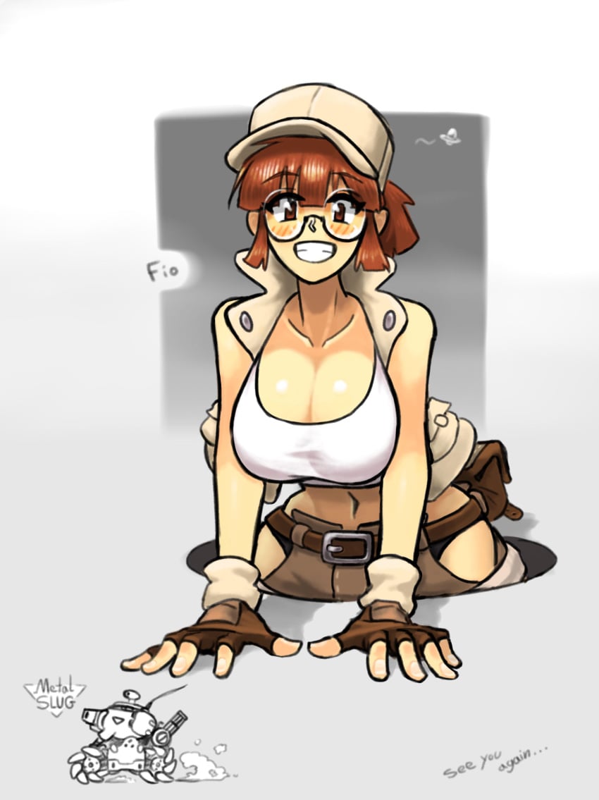 1girls absurd_res background_characters bandaid baseball_cap belt big_breasts breasts brown_eyes brown_hair cleavage clothed crop_top emptyskull302 female fio_germi glasseshat hi_res hip_vent hourglass_figure knee_pads matching_hair/eyes metal_slug midriff narrow_waist navel ponytail revealing_clothes rifle round_glasses short_shorts shorts snk solo toned toned_female vest