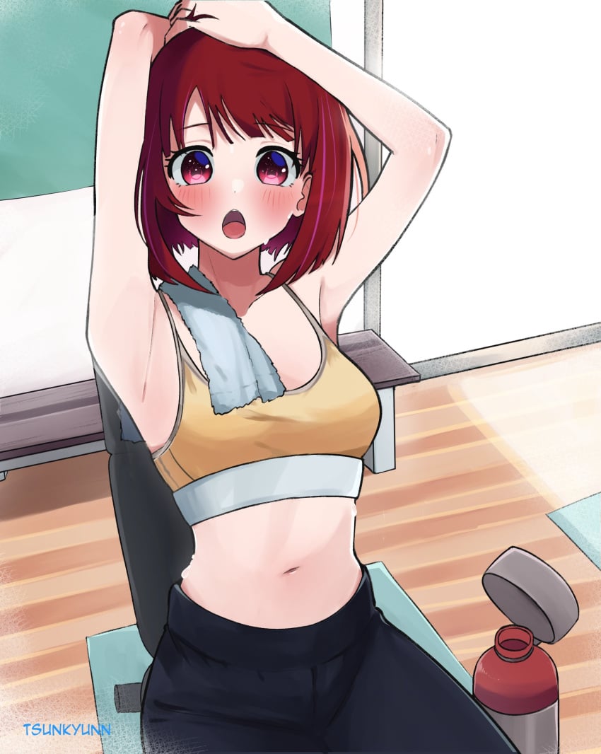1girls after_workout arima_kana arm_above_head arm_up armpit armpit_crease armpit_peek armpits arms_above_head arms_up bare_armpits bare_arms bare_belly bare_hands bare_midriff bare_navel bare_shoulders bare_skin belly belly_button blush blush_face blushing_at_viewer blushing_female blushing_lines collarbone elbows exposed_armpits exposed_arms exposed_belly exposed_midriff exposed_navel exposed_shoulders exposed_skin female female_focus female_only fingers hairless_armpits hand_above_head hand_up hands_above_head hands_up high_resolution high_school_student highres indoor indoors lean_figure looking_at_viewer medium_hair midriff narrow_waist navel open_mouth oshi_no_ko parted_lips petite petite_body petite_breasts petite_female petite_girl petite_tits red_eyes red_eyes_female red_hair red_hair_female school_girl shaved_armpits shoulders sitting slender_body slender_waist slim_waist small_breasts solo sports_bra teen_girl teenage_girl teenager tongue tsunkyun upper_body yoga_pants young_female young_woman