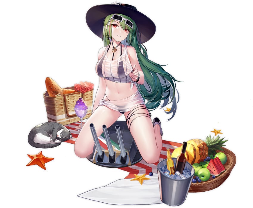 apple azur_lane baguette bare_legs bare_shoulders basket bikini black_background black_bikini black_headwear bottle bread breasts bucket carrot cg cleavage corn earrings eyewear_on_head eyewear_on_headwear feline female flower food fruit full_body goggles grapes green_hair halterneck hat high_heels holding jewelry kneeling knife large_breasts littorio_(azur_lane) littorio_(the_glory_of_naples)_(azur_lane) long_hair looking_at_viewer midriff multicolored_hair navel necklace official_alternate_costume official_art onion orange_(fruit) parted_lips picnic_basket potato red_eyes sandals sandwich see-through shirt smile solo stomach streaked_hair sunglasses swimsuit thigh_strap thighs transparent_background turret very_long_hair watermelon wet wine_bottle