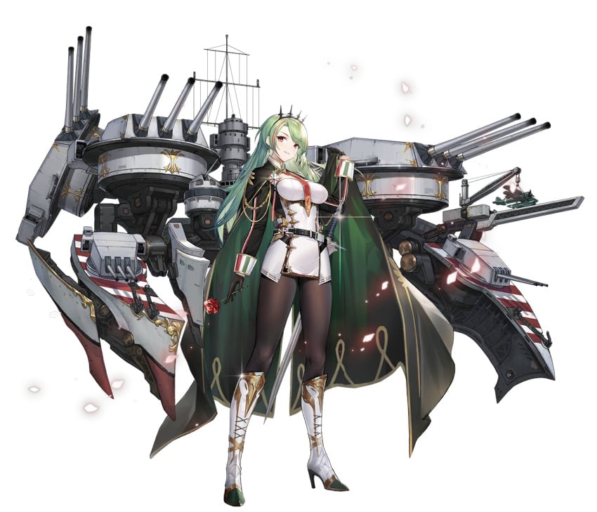 aiguillette aircraft azur_lane belt between_breasts black_background black_cape black_gloves black_pantyhose boots breasts cannon cape cg closed_mouth cross-laced_footwear dress earrings epaulettes female flower full_body gloves green_cape green_hair hair_ornament hairband high_heel_boots high_heels holding holding_flower italian_flag jacket jewelry knee_boots large_breasts littorio_(azur_lane) long_hair long_sleeves looking_at_viewer machinery medal military military_uniform multicolored_hair necktie official_art pantyhose petals red_eyes red_flower red_hair red_necktie rigging rose sheath sheathed short_dress sidelocks skirt smile solo standing streaked_hair sword transparent_background turret weapon white_dress white_footwear white_gloves