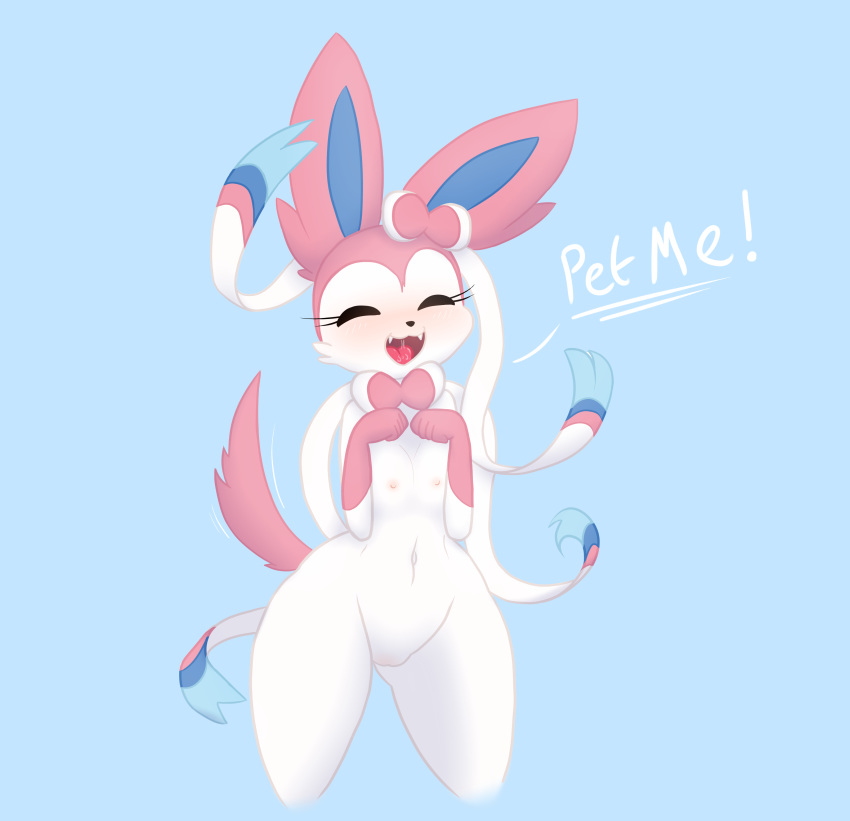 begging bit-small blush breast_squish breasts eeveelution english_text female furry hand_on_chest happy nintendo nipples open_mouth pokemon pokemon_(species) pussy saliva small_breasts solo sylveon text video_games