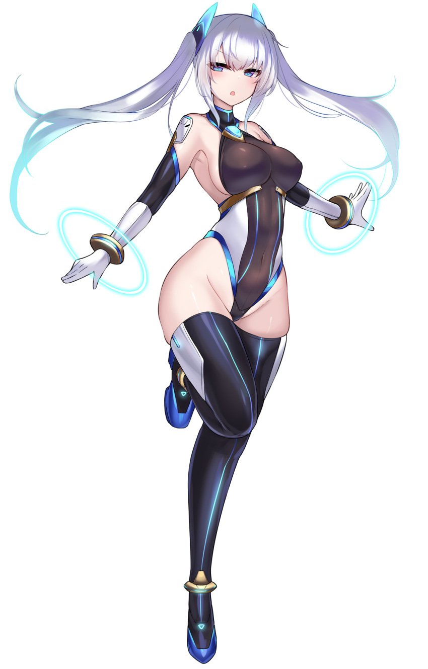 :o amahara_kuon bare_shoulders black_leotard black_thighhighs blue_eyes blue_hair blush boots bracelet breasts celestia_quartz covered_navel elbow_gloves female full_body gloves gradient_hair groin headgear highleg highleg_leotard highres impossible_clothes impossible_leotard jewelry kutan large_breasts leg_up leotard long_hair looking_at_viewer magical_girl multicolored_hair open_mouth original sideboob simple_background skin_tight skindentation solo standing standing_on_one_leg thigh_boots thighhighs thighs transparent_background twintails white_background white_gloves white_hair