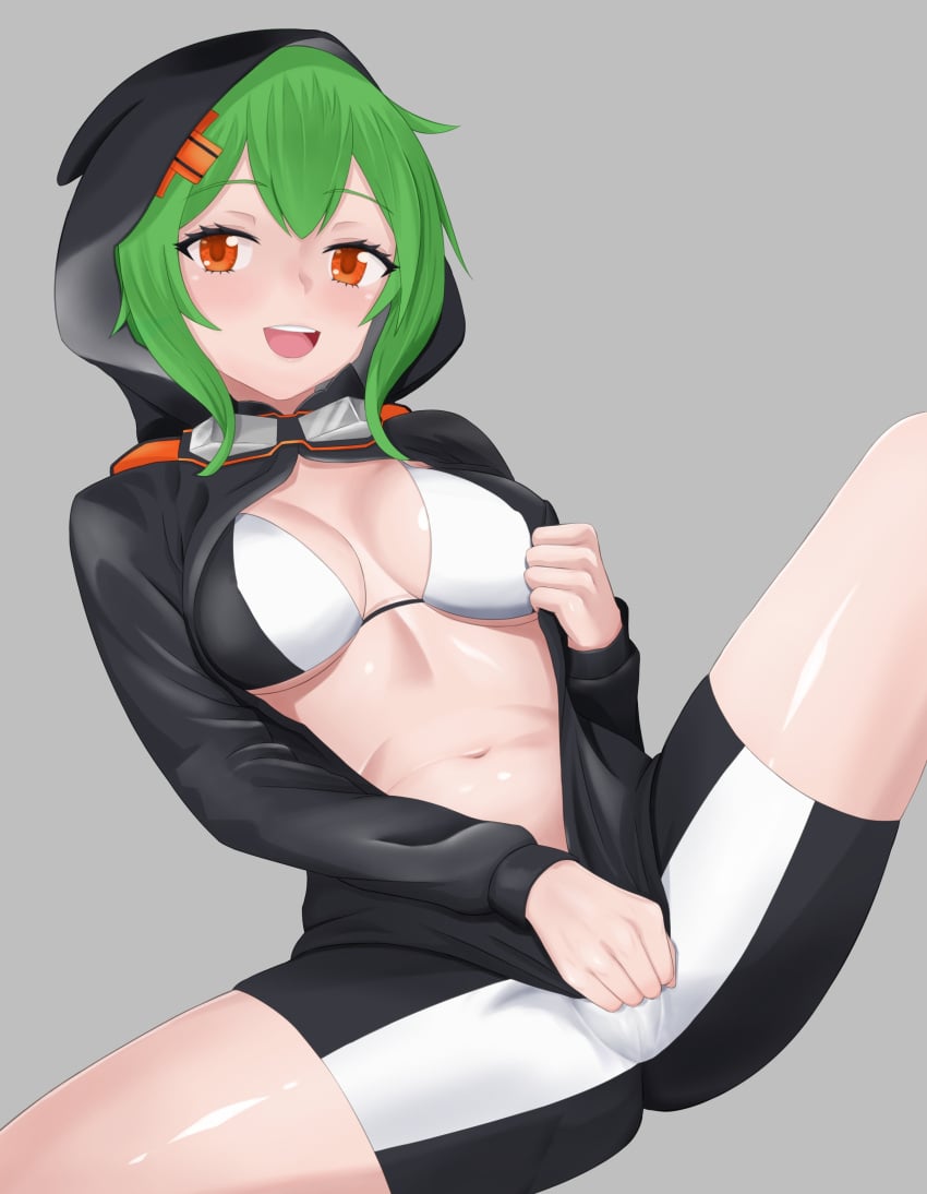 1girls bandai_namco belly_button bra breasts digimon digimon_world digimon_world_re:digitize digimon_world_re:digitize_decode female female_only green_hair grey_background hi_res highres hoodie light-skinned_female light_skin omeka_gamma open_jacket orange_eyes rina_shinomiya shiny_skin shiny_thighs shorts solo spats thighs