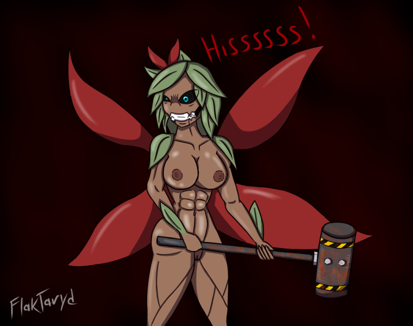 1girls 2017 abs alien athletic blue_eyes breasts female flaktaryd flora_fauna floran flower foliage hammer humanoid leaves lilith_(leomutt) plant psycho pussy smile solo starbound teeth tools video_games