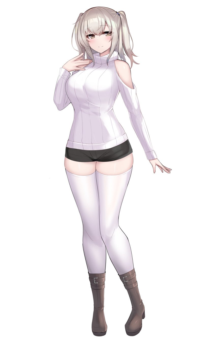 amahara_kuon bare_shoulders black_shorts blonde_hair blush boots breasts brown_eyes closed_mouth clothing_cutout female full_body hand_up highres kutan kutani_ryou large_breasts long_hair long_sleeves looking_at_viewer original ribbed_sweater short_shorts shorts shoulder_cutout simple_background smile solo standing sweater thighhighs thighs transparent_background turtleneck turtleneck_sweater twintails two_side_up variant_set white_background white_sweater white_thighhighs