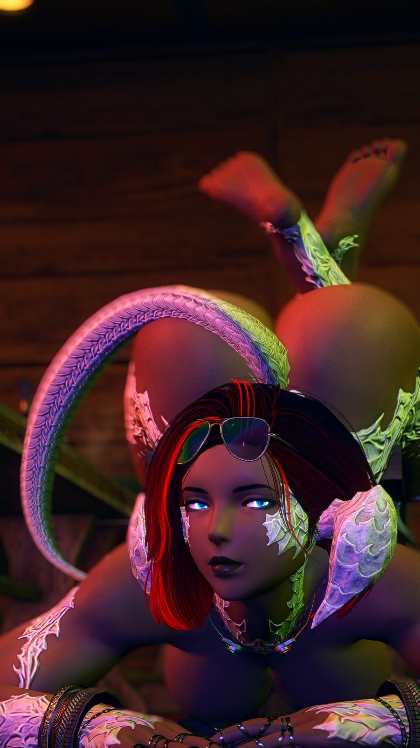 3d au_ra barbell_piercing big_breasts breasts chroma_kelv female final_fantasy_xiv foot_focus full_body gpose(ffxiv) looking_at_another looking_at_viewer nipples nude nude_female piercing pussy restaurant sole_female solo solo_female uncensored