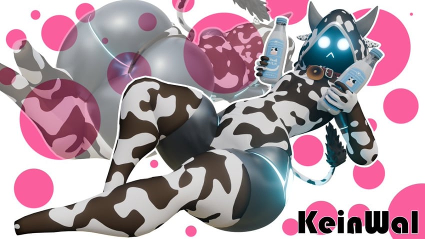 1boy 1femboy 2020s 2025 3d 3d_(artwork) big_thighs cow_print cow_print_bikini femboy gold_(character) hi_res highres kein_wal large_breasts milk milking_cum thick_thighs thighs wet