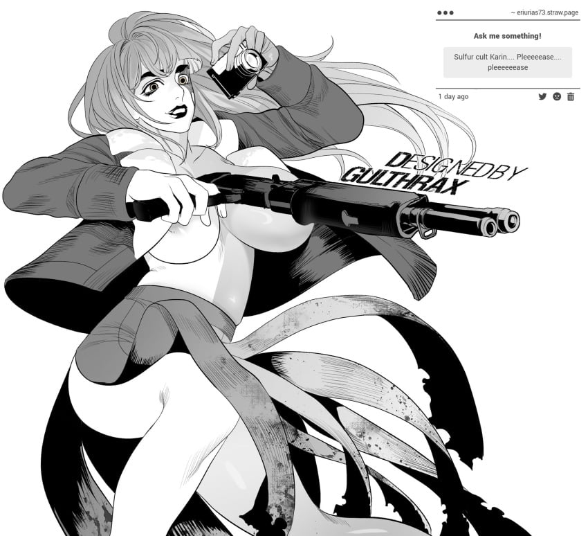 areola_slip big_breasts bomber_jacket camera convenient_censoring crouching facepaint fear_and_hunger fear_and_hunger:_termina female female_only full_body gun huge_breasts jacket karin_(fear_and_hunger) long_hair monochrome no_bra smile solo squatting thick_eyebrows torn_clothes weapon