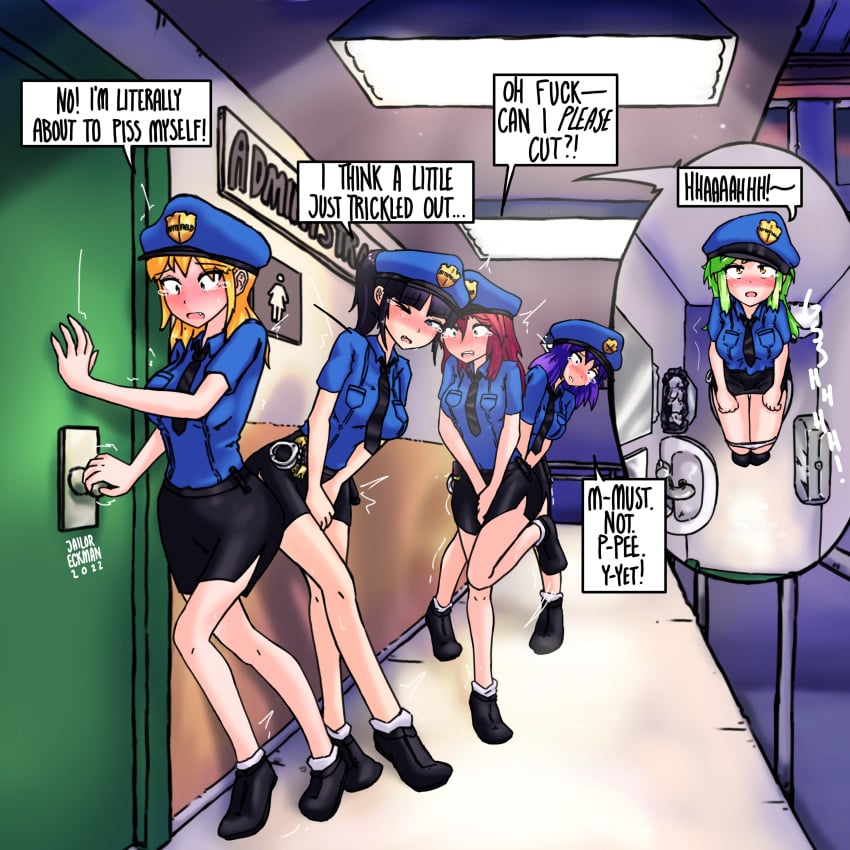 5girls black_hair black_necktie black_skirt blonde_hair blush breasts english_text female female_only green_hair hand_between_legs handcuffs have_to_pee jailor_eckman necktie one_eye_closed open_mouth orange_eyes panties panty_pull peeing police police_hat police_uniform policewoman ponytail purple_eyes red_hair skirt stained_panties tears toilet toilet_use underwear wet wet_panties white_panties wide_eyed