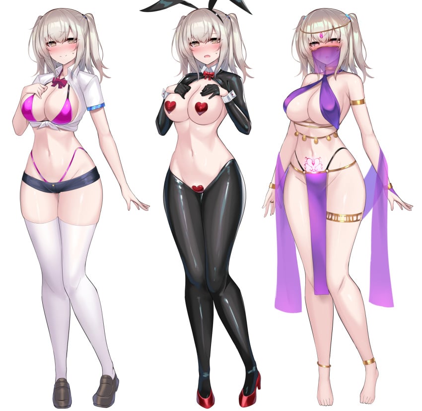 amahara_kuon animal_ears anklet armlet barefoot black_gloves blush bow bowtie bra breasts cleavage closed_mouth dancer empty_eyes fake_animal_ears female front-tie_top full_body gloves half_gloves hand_on_own_chest heart_maebari heart_pasties high_heels highres jewelry kutan large_breasts looking_at_viewer maebari micro_shorts mouth_veil navel nose_blush open_clothes open_shirt original panties panty_straps pasties pelvic_curtain pink_bra pink_panties pubic_tattoo rabbit_ears red_bow red_bowtie red_shoes revealing_clothes reverse_bunnysuit reverse_outfit shirt shoes shorts smile standing tattoo thighhighs two_side_up underwear variations veil white_shirt white_thighhighs