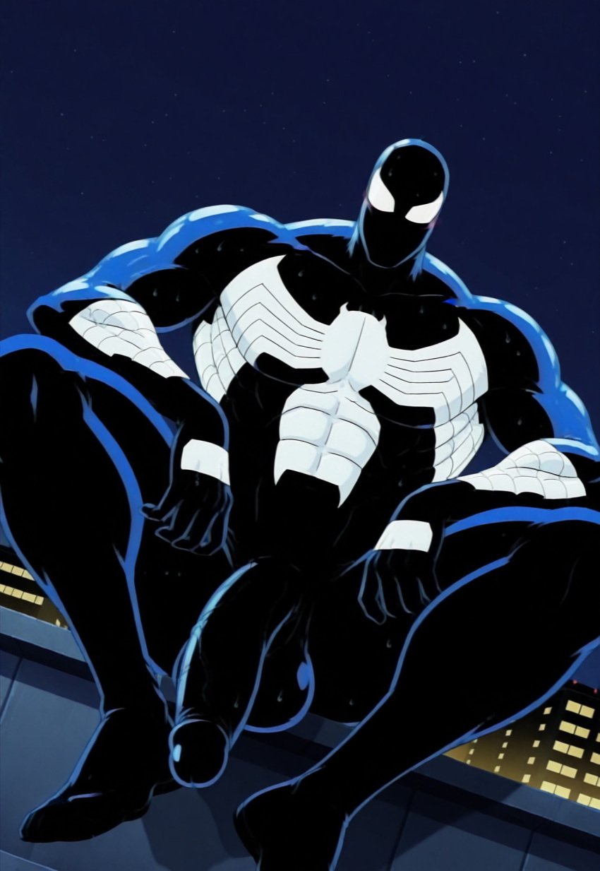 abs ai ai_generated anus backsack balls bara big_balls big_penis blush gay glistening male male_only muscular muscular_male nipples pecs penis peter_parker sideburns spider-man spider-man:_the_animated_series spider-man_(series) sweat venom venom_(marvel) yaoi