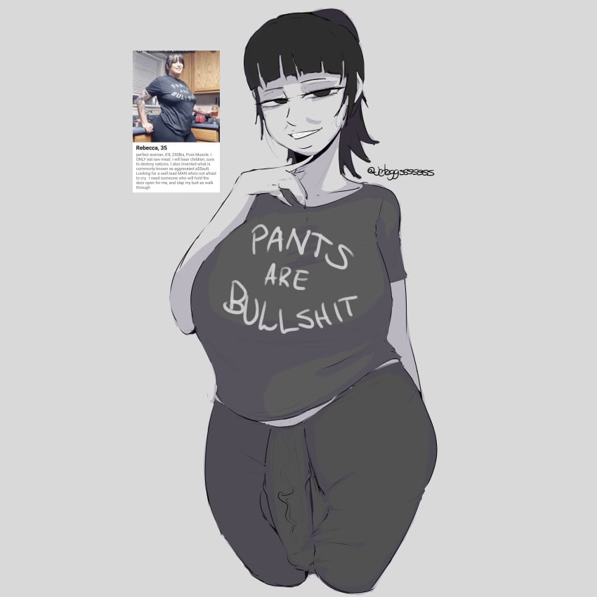 1futa bbw belly big_belly big_breasts big_penis breasts bulge chubby chubby_futa erection_under_clothes full-package_futa fully_clothed futanari intersex jeteggs large_breasts large_penis meme meme_reference monochrome original penis ponytail real_person reference_image sharp_teeth shirt solo solo_focus text_on_clothing thick thick_thighs thighs tshirt yoga_pants