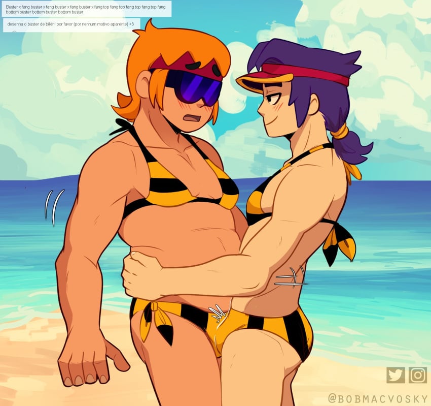 2024 2boys beach blush bobmacvosky brawl_stars bulge buster_(brawl_stars) duo fang_(brawl_stars) gay half-closed_eyes hi_res human human_on_human male male/male male_only narrowed_eyes open_mouth orange_hair purple_hair smile standing sunglasses supercell swimsuit underwear yaoi