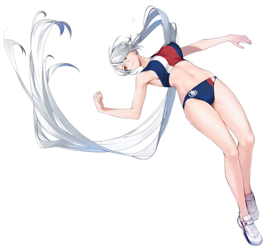 armpits azur_lane bare_arms bare_legs bare_shoulders black_background breasts buruma cg closed_mouth female floating_hair full_body grey_hair hair_ribbon kirov_(azur_lane) kirov_(high_jump_star)_(azur_lane) large_breasts legs long_hair looking_at_viewer medium_breasts midriff navel official_art orange_eyes shoes silver_hair simple_background sneakers socks solo sports_bikini sports_bra standing stomach sweat swimsuit thighs track_uniform transparent_background twintails very_long_hair white_footwear white_hair yellow_eyes