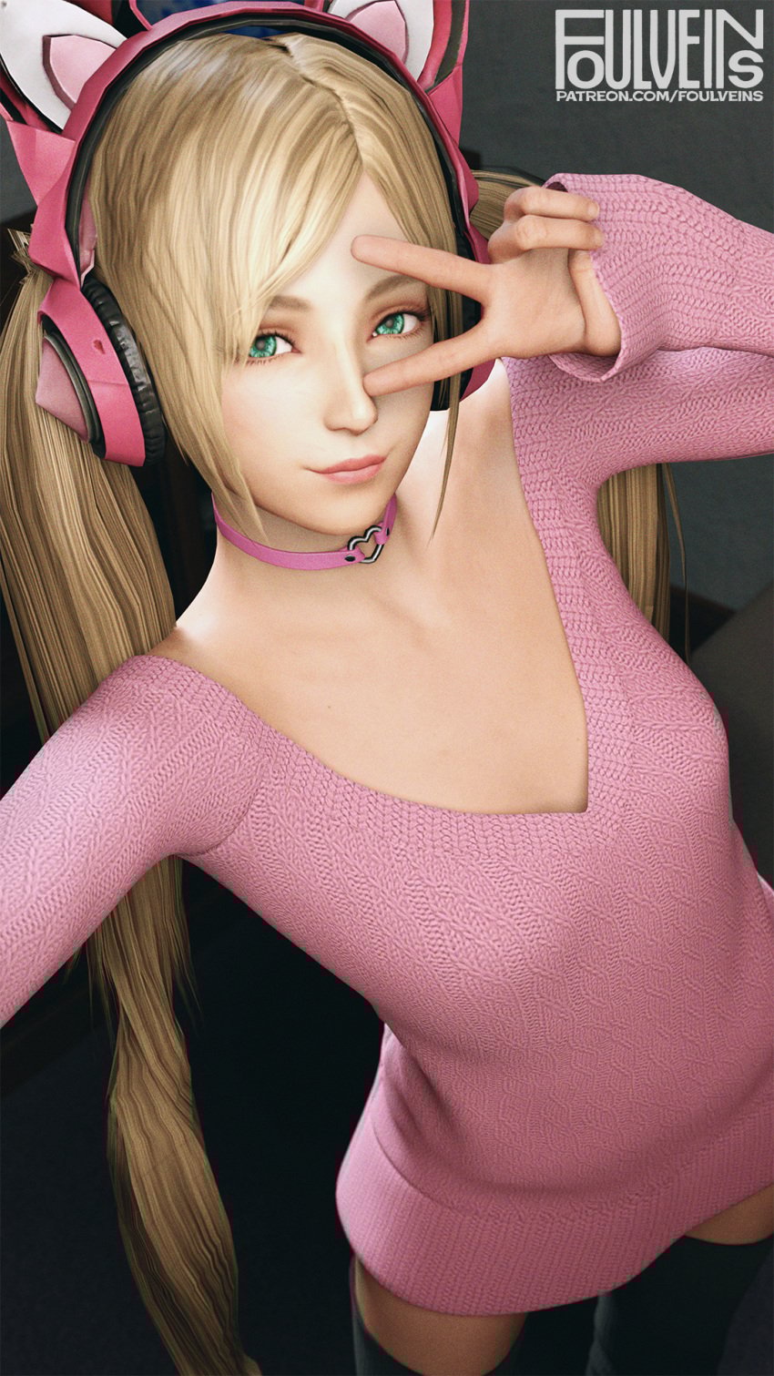 1girl animal_ear_headphones animal_ears black_legwear black_thighhighs blonde_hair breasts cat_ear_headphones cat_ears choker clothing dress fake_animal_ears female female_only foulveins green_eyes headphones heart_choker high_resolution legwear lips long_hair looking_at_viewer lucky_chloe nose pink_choker small_breasts smile solo sweater sweater_dress tekken tekken_7 thighhighs tied_hair twintails v v_over_eye very_long_hair
