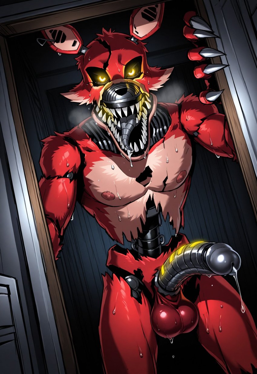 abs ai ai_generated anus backsack balls bara big_balls big_penis blush five_nights_at_freddy&#039;s fnaf gay glistening male male_only muscular muscular_male nightmare_foxy nipples pecs penis sideburns sweat yaoi