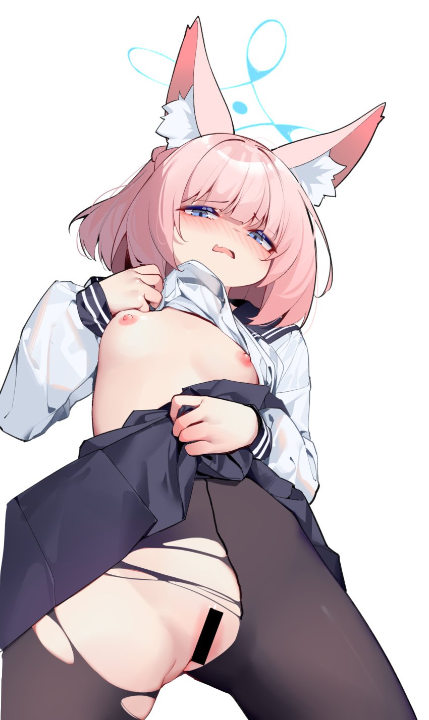 animal_ears bar_censor black_pantyhose black_skirt blue_archive blue_halo blue_sailor_collar blush braid censored chinese_commentary clothes_lift female flat_chest fox_ears fox_girl fox_squad_(blue_archive) from_below halo highres lifting_own_clothes medium_hair niko_(blue_archive) nipples oerba_yun_fang open_mouth painterliuhao pantyhose pink_hair purple_eyes sailor_collar school_uniform serafuku shirt_lift simple_background skin_fang skirt skirt_lift solo srt_special_academy_student thighs torn_clothes torn_pantyhose white_background white_serafuku