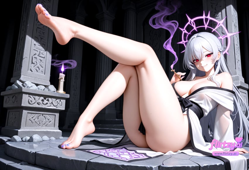 ai_assisted ai_generated bare_legs bare_shoulders barefoot black_nails blue_nails breasts cleavage earrings feet female flirtzy.ai jewelry kimono legs long_hair looking_at_viewer nail_polish off_shoulder pink_nails purple_nails red_eyes red_nails sitting smile solo toenail_polish toenails toes white_hair