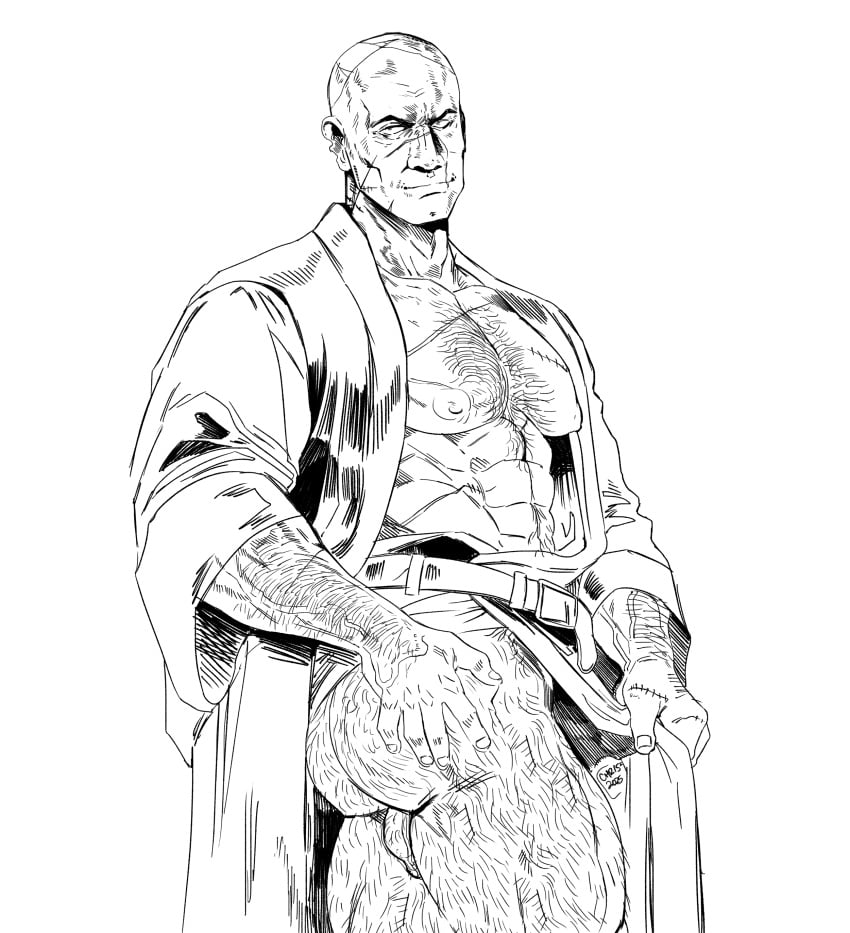 1male adoggoart bald balls bara black_and_white boba_fett chris_de_la_bigne hairy hairy_balls hairy_legs large_balls looking_at_viewer looking_back male retroanimechris robe sagging_balls scar scars scars_all_over sole_male solo solo_focus solo_male star_wars undressing