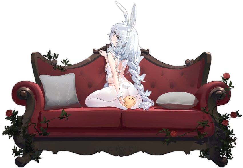 +_+ animal_ear_fluff animal_ears ass azur_lane bare_shoulders black_background blue_eyes braid breasts cg couch cup fake_animal_ears feet female flower from_behind full_body hairband le_malin_(azur_lane) le_malin_(listless_lapin)_(azur_lane) leotard long_hair looking_at_viewer looking_back low_twin_braids meme_attire no_shoes official_alternate_costume official_art on_couch pantyhose pillow plant playboy_bunny rabbit_ears rabbit_tail red_flower rose sidelocks silver_hair simple_background sitting small_breasts soles solo tail thigh_strap transparent_background twin_braids very_long_hair wariza white_hair white_legwear white_leotard white_pantyhose wrist_cuffs