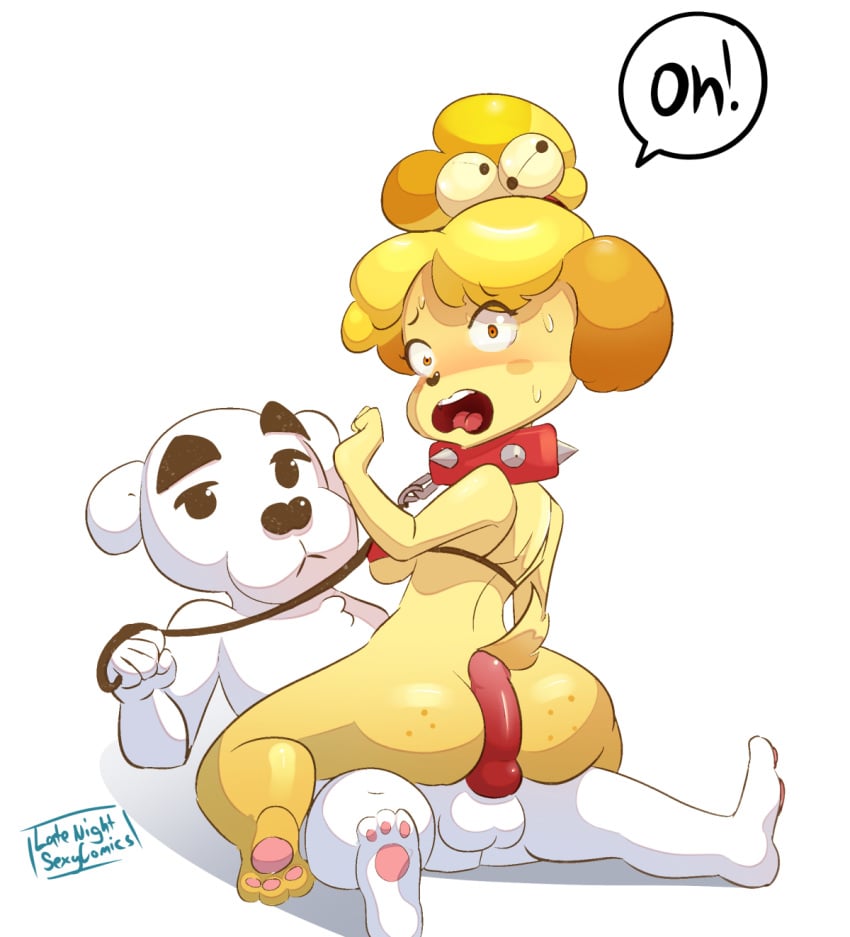 animal_crossing anthro ass big_butt canine collar duo female fur isabelle_(animal_crossing) k.k._slider latenightsexycomics leash looking_at_viewer male mammal nintendo penis sex signature straight surprise text video_games