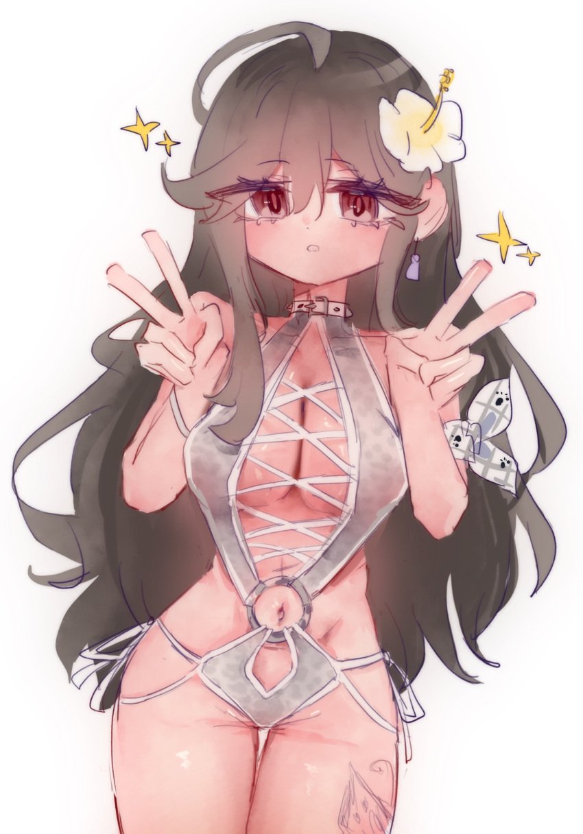 1girls big_breasts bikini breasts brown_hair butterfly_tattoo d4dj date-chan double_v flower flower_in_hair long_hair needs_to_be_fucked one-piece_swimsuit red_eyes stars swimsuit tattoo thick_thighs yuyou_ygo
