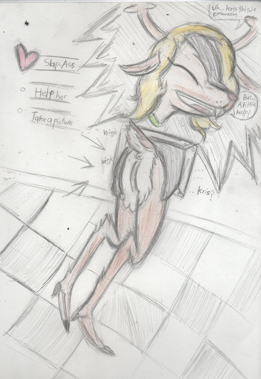 &lt;dogun&gt; absurd_res air_vent amateur anthro ass buckteeth deer deltarune dialogue female genitals graphite_(artwork) hi_res horn mammal new_world_deer noelle_holiday solo speech_bubble stuck teeth traditional_media_(artwork) undertale_(series) vulva