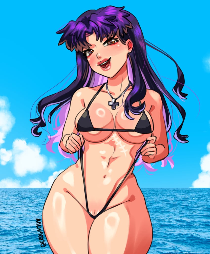 1girls bikini bikini_bottom bikini_top black_bikini bottomwear brown_eyes erogamu female female_only hair hips lips long_hair mature mature_female mature_woman misato_katsuragi necklace neckwear neon_genesis_evangelion purple_hair pussy_floss scar scar_on_stomach solo solo_female swimwear topwear wide_hips