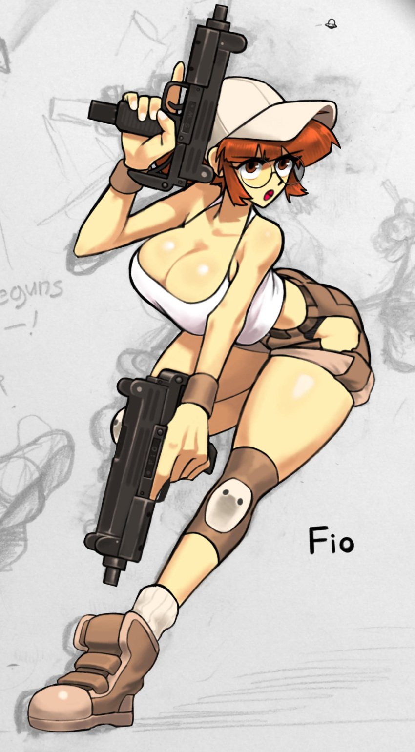 1girls absurd_res background_characters bandaid baseball_cap belt big_breasts breasts brown_eyes brown_hair cleavage clothed crop_top emptyskull302 female fio_germi glasseshat gun guns hi_res hip_vent hourglass_figure knee_pads matching_hair/eyes metal_slug midriff narrow_waist navel ponytail revealing_clothes rifle round_glasses short_shorts shorts snk solo toned toned_female vest