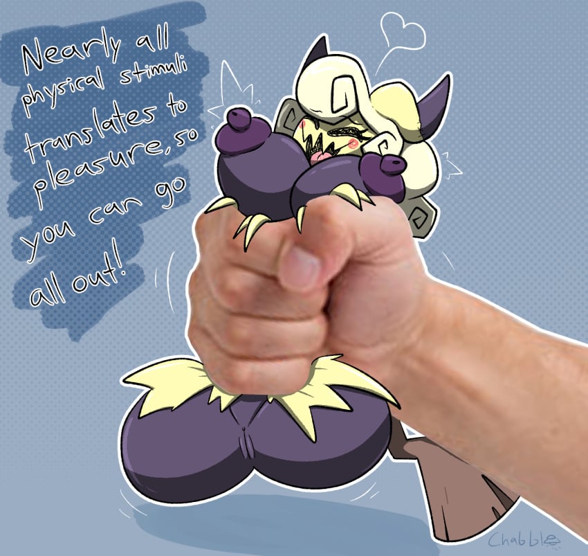 after_transformation black_body blonde_hair chabble dark_purple_nipples drawn_on_face fake_tail limbless mimikyu no_arms no_legs onahole onahole_transformation original_character pokemon post_transformation squeezing squeezing_belly tail