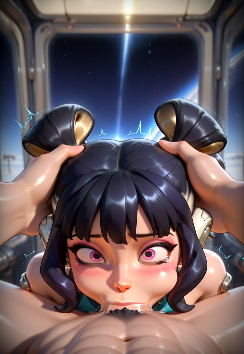 1boy ai_generated bangs bare_shoulders black_hair blush cheek_bulge clothed_female_nude_male cum cum_in_mouth deepthroat fearless_juno fellatio female hair_rings hands_on_another&#039;s_head head_grab irrumatio juno_(overwatch) le_sserafim looking_at_viewer male male_pubic_hair nude oral overwatch overwatch_2 penis pink_eyes pov pov_crotch pubic_hair shiny solo_focus straight tearing_up tears trembling uncensored