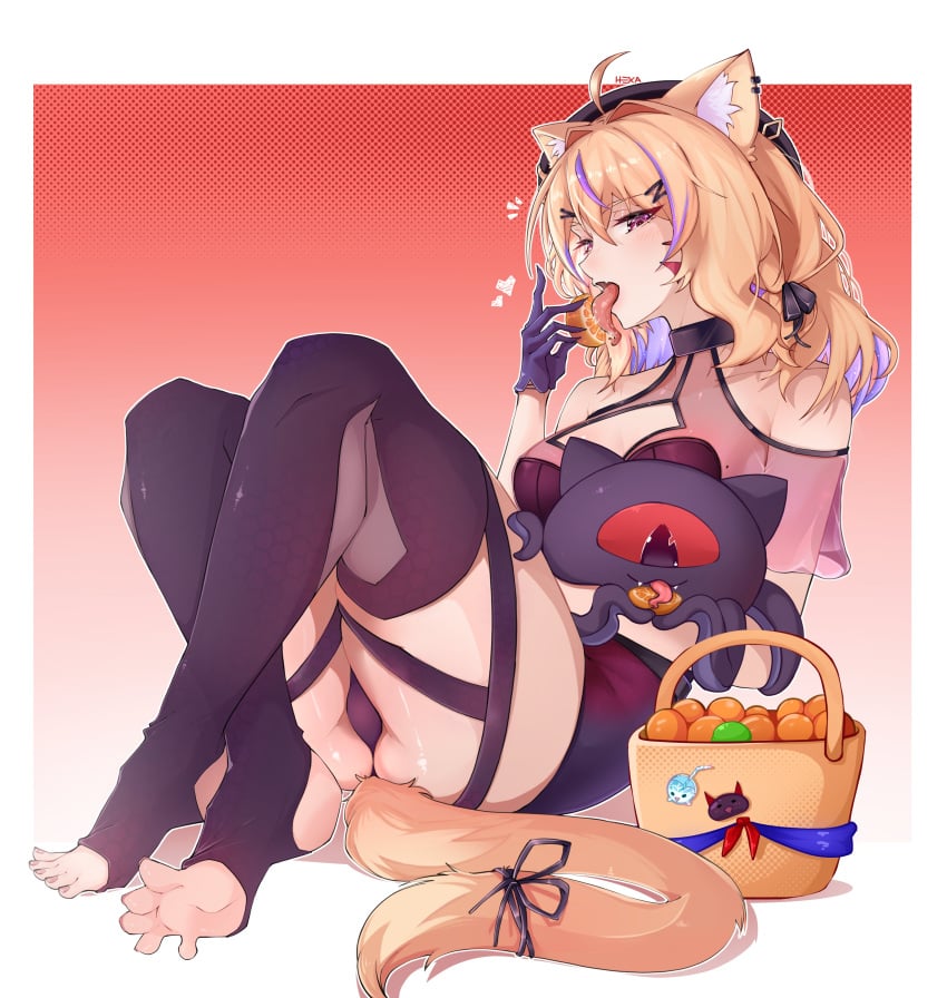 animal_ears bare_shoulders barefoot black_legwear blonde_hair breasts feet female food fruit gloves hair_ornament looking_at_viewer multicolored_hair sitting solo squchan_(vtuber) stirrup_legwear tail thighhighs toeless_legwear vyugen