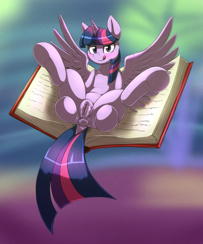 2017 alicorn anus book dock equine feathered_wings feathers female friendship_is_magic hair hi_res hooves horn licking licking_lips looking_at_viewer mammal my_little_pony otakuap pussy smile solo spread_legs spreading tongue tongue_out twilight_sparkle_(mlp) underhoof wings