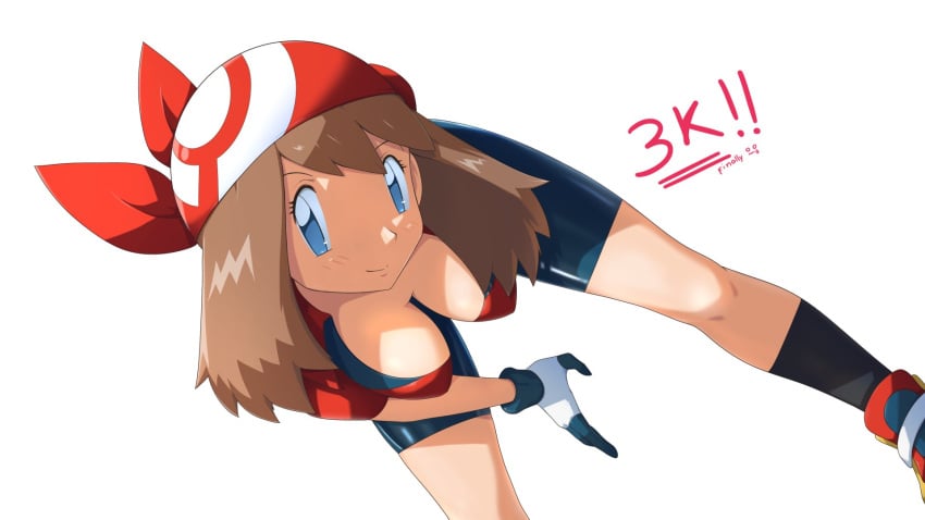 1girls bandana bangs bent_over bike_shorts black_socks blue_eyes blush breasts brown_hair cleavage closed_mouth clothing eyelashes female footwear gloves hanging_breasts headwear large_breasts looking_at_viewer may_(pokemon) pokemon pokemon_(game) pokemon_character pokemon_ruby_sapphire_&amp;_emerald protagonist_(pokemon) red_bandana red_headwear red_shirt rigaeru shirt shoes short_sleeves shorts smile socks solo spats