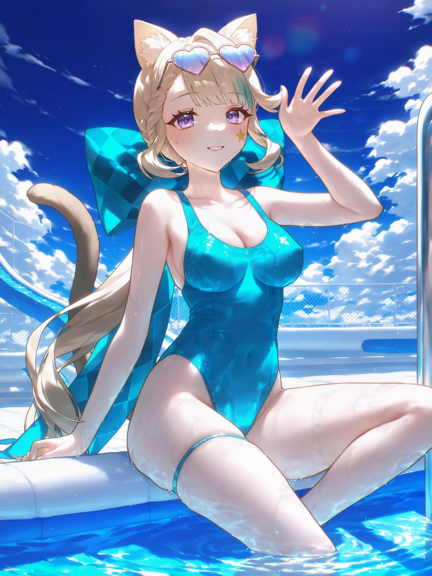 absurd_res adapted_costume ai_generated alternate_costume animal_ear_fluff animal_ears aqua_bow arm_support arm_up bare_arms bare_legs bare_shoulders blonde_hair blue_bow blue_hair blue_one-piece_swimsuit blue_sky blunt_bangs blush bow braid breasts brown_hair casual_one-piece_swimsuit cat_ears cat_girl cat_tail checkered_clothes cleavage cloud cloudy_sky collarbone competition_swimsuit covered_navel day eyewear_on_head facial_mark facial_tattoo feet_out_of_frame female genshin_impact green_bow grin hairbow hand_up heart heart-shaped_eyewear highleg highleg_swimsuit huge_bow impossible_clothes impossible_swimsuit large_breasts legs lens_flare light_brown_hair long_hair looking_at_viewer low_ponytail lynette_(genshin_impact) medium_breasts ministro multicolored_hair ocean one-piece_swimsuit outdoors parted_lips partially_submerged plaid plaid_bow ponytail pool pool_ladder poolside purple_eyes school_swimsuit sidelocks sitting skindentation sky smile soaking_feet solo star_(symbol) star_facial_mark streaked_hair sunglasses swimsuit tail tattoo teeth thigh_strap thighs tinted_eyewear very_long_hair water waving wet wet_clothes wet_swimsuit white-framed_eyewear