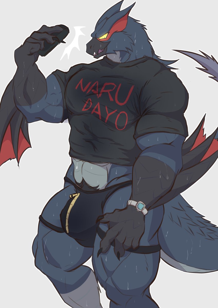 abs absurd_res anthro beak biceps black_body black_clothing black_fur black_jockstrap black_topwear black_underwear bodily_fluids body_hair bulge capcom clock clothing flying_wyvern fur hi_res jockstrap male male_only monster_hunter muscular muscular_anthro muscular_male nargacuga pubes shirt simple_background solo standing sweat tail text topwear tphone underwear watch white_background wings yellow_eyes zipper