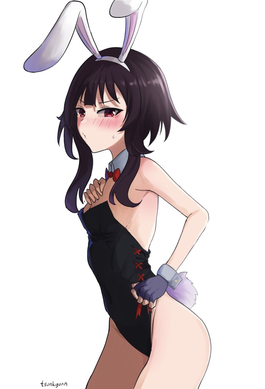1girls bare_armpits bare_arms bare_ass bare_back bare_butt bare_chest bare_hands bare_hips bare_legs bare_shoulders bare_skin bare_thighs black_bunnygirl_costume black_bunnysuit blush blush_face blushing_at_viewer blushing_female blushing_lines bowtie breasts brown_eyebrows brown_hair brown_hair_female bunny_ears bunny_tail bunnygirl bunnygirl_outfit collar collarbone embarrassed embarrassed_expression embarrassed_female exposed_armpits exposed_arms exposed_ass exposed_back exposed_butt exposed_chest exposed_hips exposed_legs exposed_shoulders exposed_skin exposed_thighs female female_focus female_only fingers hairband high_resolution highres kono_subarashii_sekai_ni_shukufuku_wo! lean_figure lips long_hair looking_at_viewer megumin narrow_waist red_bowtie red_eyes red_eyes_female scarlet_eyes shame shoulders simple_background slender_body slender_waist slim_waist small_breasts solo standing thighs upper_body white_background white_bunny_ears white_collar white_hairband white_wrist_cuffs wrist_cuffs
