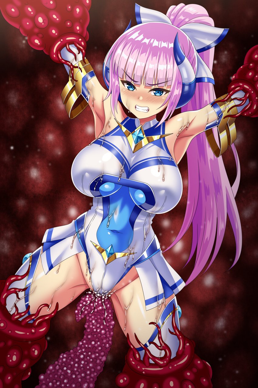 absurdres armpits bare_shoulders blue_eyes blunt_bangs blush bow breasts clenched_teeth covered_navel covered_nipples elbow_gloves element_venus female glaring gloves hairbow high_ponytail highleg highleg_leotard highres horns imminent_penetration imminent_rape impossible_clothes impossible_leotard kisaragi_nozomi large_breasts leotard long_hair looking_at_viewer magical_girl pink_hair ponytail rape restrained shinsou_seiki_elementia shiny_skin sirano skin_tight skirt slime_(substance) solo spread_legs sweat teeth tentacle thighhighs white_gloves white_leotard white_thighhighs