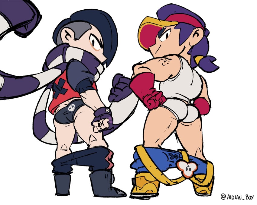 2025 2boys alolan_boy ass ass ass_focus brawl_stars butt_focus duo edgar_(brawl_stars) fang_(brawl_stars) fingerless_gloves gloves half-closed_eyes hi_res human looking_at_viewer looking_back looking_back_at_viewer male male_only narrowed_eyes pants pants_down purple_hair simple_background smile standing supercell underwear white_background