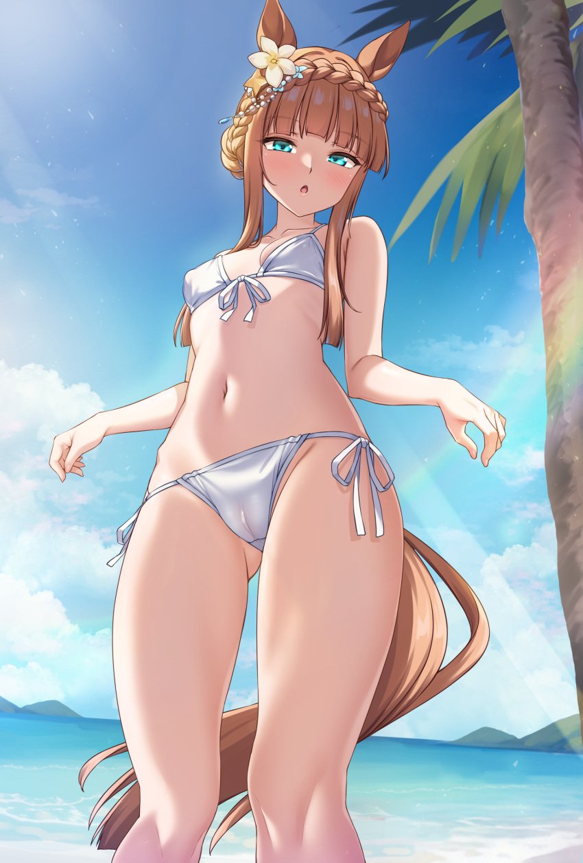 1girls 2024 :o animal_ears aqua_eyes ass_visible_through_thighs bare_shoulders beach belly bikini blue_eyes blush cameltoe dutch_angle eyelashes female female_only flower_in_hair highres hip_bones hips knees light-skinned_female light_skin looking_at_viewer looking_down merufena navel nipple_bulge ocean orange_hair sea sidelocks silence_suzuka_(emerald_on_the_waves)_(umamusume) silence_suzuka_(umamusume) sky small_breasts solo standing stomach swimsuit tail thighs tree umamusume umamusume_pretty_derby waist white_bikini white_bra white_panties white_swimsuit