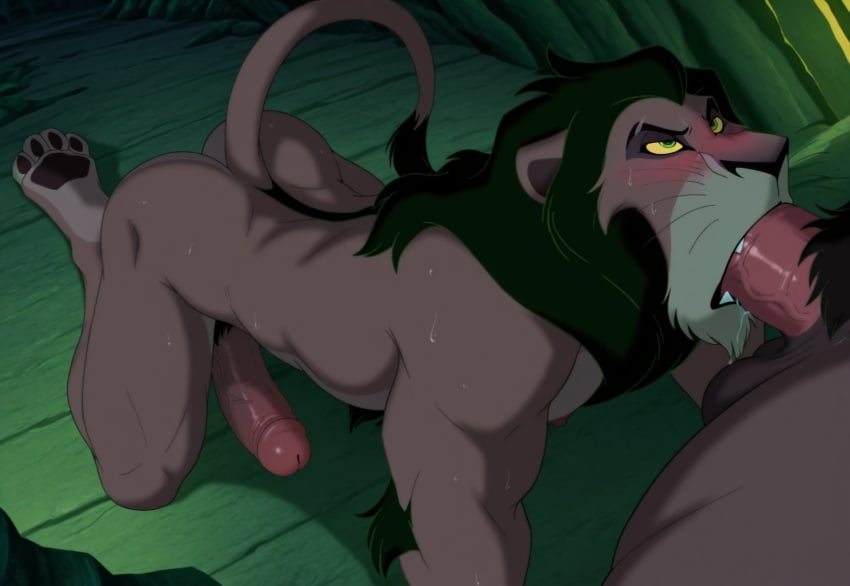 abs ai ai_generated anus backsack balls bara big_balls big_penis blush gay glistening male male_only muscular muscular_male nipples pecs penis scar_(the_lion_king) sideburns sweat the_lion_king yaoi