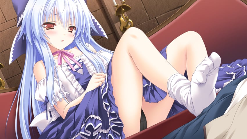 blue_hair blush dress fujisaki_mao game_cg hanairo_heptagram long_hair lump_of_sugar moekibara_fumitake panties underwear