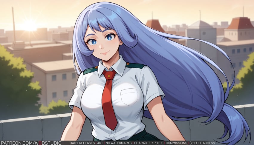 ai-created ai_generated bangs blue_eyes blue_hair blush breasts closed_mouth clothing collared_shirt female hadou_nejire large_breasts long_hair looking_at_viewer my_hero_academia necktie neckwear nejire_hado outdoors red_necktie red_neckwear school_uniform shirt short_sleeves sky smile solo sun u.a._school_uniform uniform upper_body very_long_hair white_shirt wodstudio