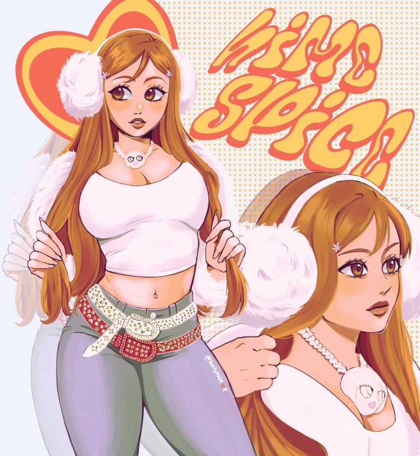 1girls big_breasts bleach cleavage cosplay crop_top earmuffs female ice_spice inoue_orihime jeans jewelry lip_gloss long_hair luvlyroseve makeup navel_piercing orange_hair solo thick_thighs tight_clothing