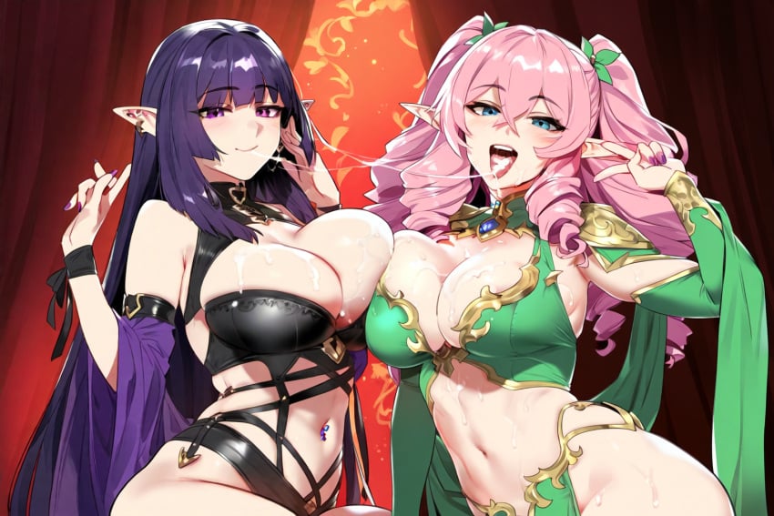 2girls aelaria ai_generated black_bra blue_eyes bra breast_grab breasts cum_string dancer_outfit elf elf_ears goth hime_cut huge_breasts large_breasts leather licking_lips light-skinned_female long_hair looking_at_viewer noirprincess open_mouth orc orc_male original peace_sign pink_hair pointy_ears purple_eyes purple_hair revealing_clothes robe smile thyra witch