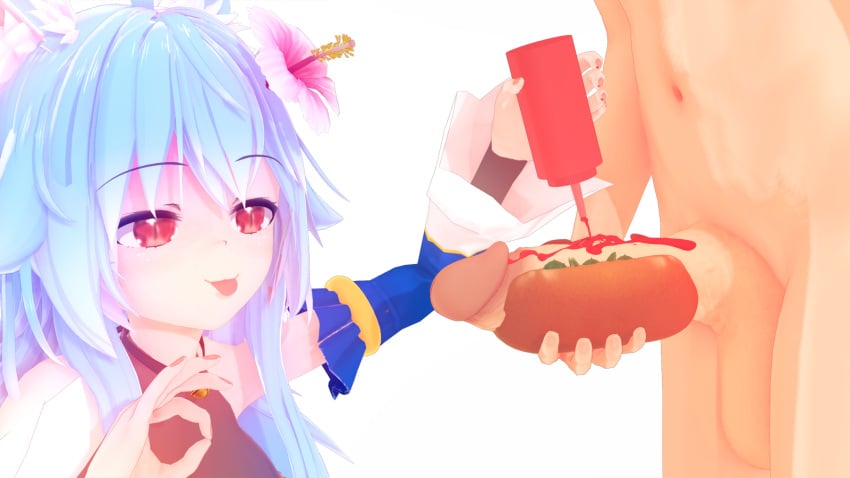 3d 3d_model akiren blue_hair breast_out breasts cat_ears cat_girl cat_tail catgirl clothed clothing female flower flower_in_hair food girl hair_ornament hot_dog hot_dog_bun hourglass_figure kemonomimi ketchup koikatsu lilly_kurusu long_hair neko nekomimi nsfw nude nudity original_character original_charactera original_female_character penis red_eyes sauce