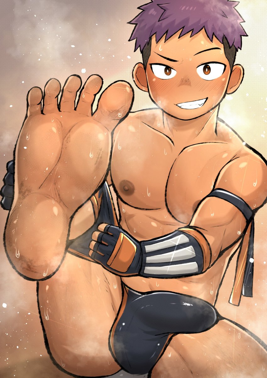 1boy balls big_balls big_bulge big_penis blush brown_nipples dirty dirty_feet erection_under_clothes feet fighting_gloves looking_at_viewer male muscles muscular muscular_male partially_clothed penis pink_hair presenting_feet sit sitting_down smile smiling smiling_at_viewer solo sweat sweatdrop sweating sweaty_body undercut wodon wrestling_outfit